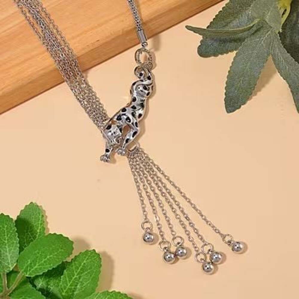 Silver Tone Panther Tassel Statement Necklace